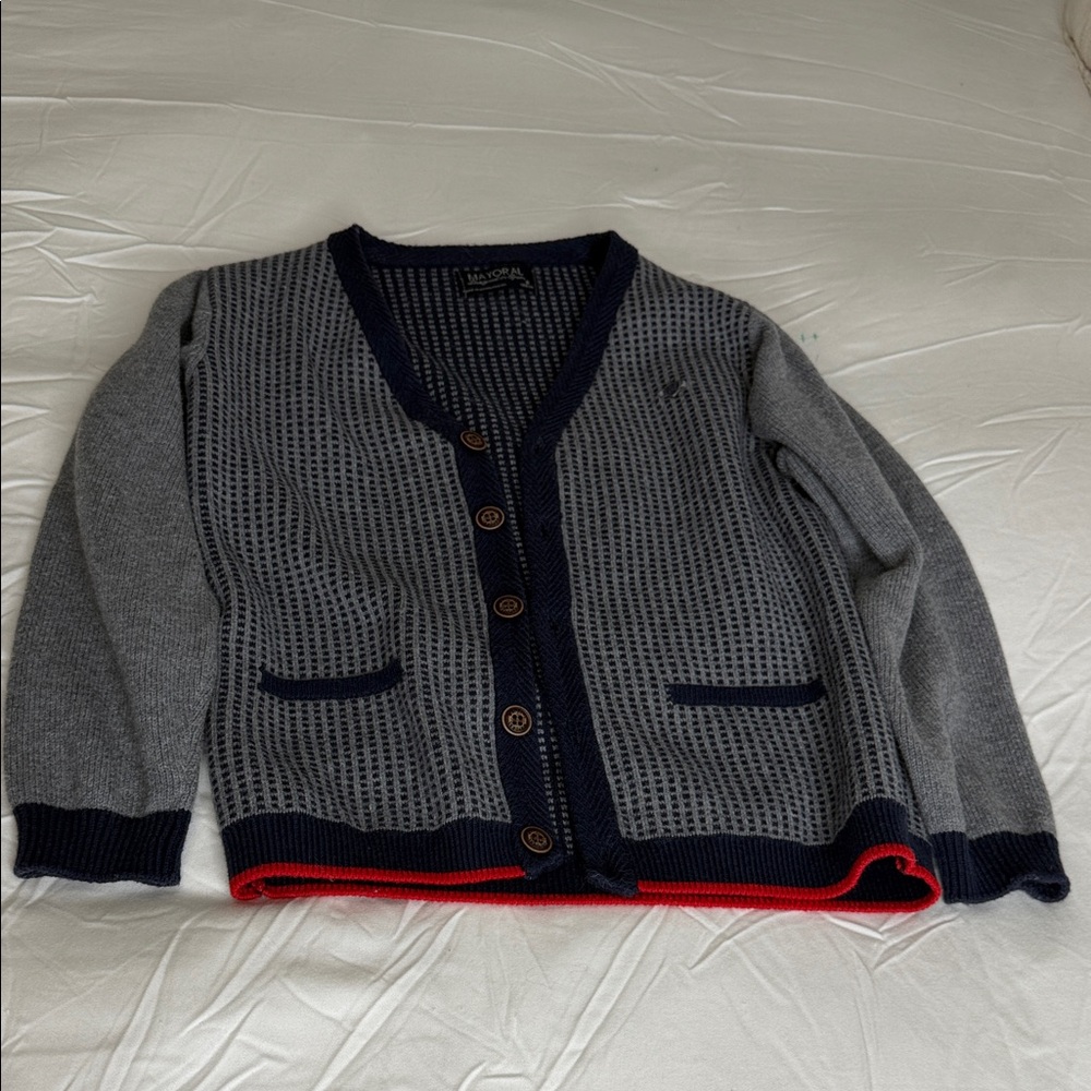 Mayoral Gray Cardigan with Navy Trim and Red Hem